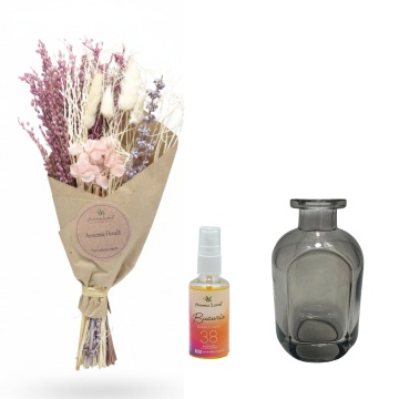 set Mini Bouquet Pink, vază decorativă și spray de cameră la alegere