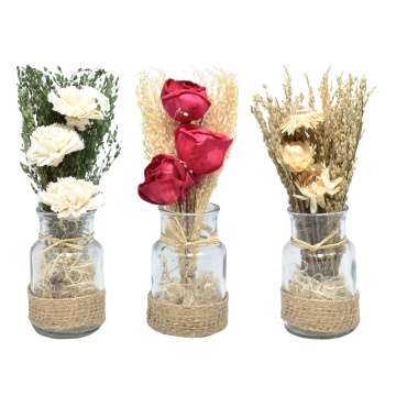 Set 3 aranjamente florale în vas de sticlă, H20 cm, la alegere: Natur, Roșu sau Alb (2+1 GRATIS)