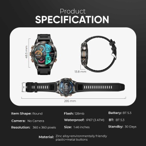 Ceas smartwatch barbati, Wingereich, aliaj, inteligent, fitness, sport, functii smart, rezistent apa, ritm cardiac, numarat pasi, notificari, wireless, Bluetooth, microfon HD, monitorizare somn, 2 bratari incluse, negru - Img 7