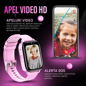 Ceas smartwatch copii GPS 4G, Whatsapp, Youtube, camera HD, Wingereich ™, localizare GPS, telefon, apel video HD, WIFI, bluetooth, apa IP67, Android, IOS, SOS, monitorizare spion, roz lila - Img 2