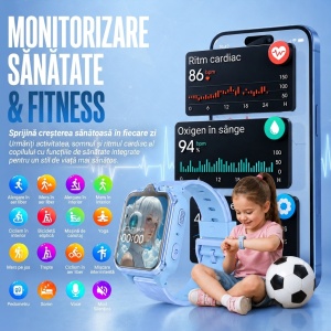 Ceas smartwatch copii GPS 4G camera dubla, Whatsapp, ChatGPT, Tiktok, Instagram, Facebook, Youtube, Google play, Wingereich™, telefon, apel video HD, AMOLED, WIFI, bluetooth, Android, IOS, SOS, monitorizare spion, ritm cardiac, walkie-talkie, albastru - Img 6