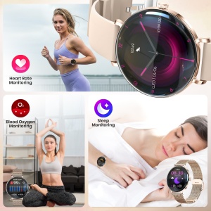Ceas smartwatch dama Wingereich premium, aliaj de lux, inteligent, fitness, sport, functii smart, rezistent apa, ritm cardiac, numarat pasi, notificari, wireless, apelare Bluetooth, microfon HD, monitorizare somn, 2 bratari incluse, auriu - Img 6
