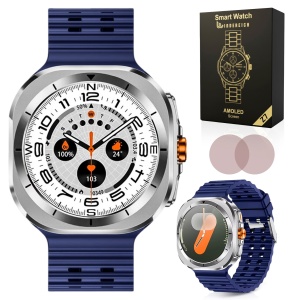Ceas smartwatch barbati, Wingereich, aliaj, inteligent, Amoled, fitness, sport, functii smart, rezistent apa, ritm cardiac, numarat pasi, notificari, wireless, Bluetooth, microfon HD, monitorizare somn, 2 bratari incluse, albastru