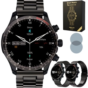 Ceas smartwatch barbati Wingereich premium, aliaj de lux, inteligent, fitness, sport, functii smart, rezistent apa, ritm cardiac, numarat pasi, notificari, wireless, apelare Bluetooth, microfon HD, monitorizare somn, 2 bratari incluse, negru
