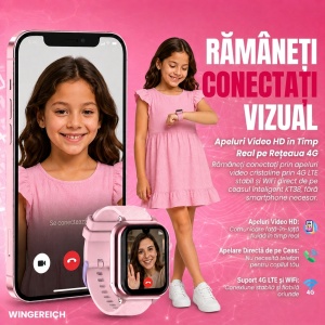 Ceas smartwatch copii GPS 4G AI Asistent, Whatsapp, ChatGPT, Tiktok, Instagram, Facebook, Google play, camera HD, Wingereich™, telefon, apel video HD, AMOLED, WIFI, bluetooth, Android, IOS, SOS, monitorizare spion, ritm cardiac, walkie-talkie, roz - Img 3