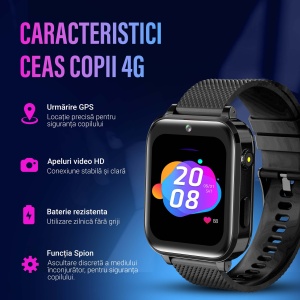 Ceas smartwatch copii GPS 4G, Whatsapp, Youtube, camera HD, Wingereich ™, localizare GPS, telefon, apel video HD, WIFI, bluetooth, apa IP67, Android, IOS, SOS, monitorizare spion, negru - Img 9