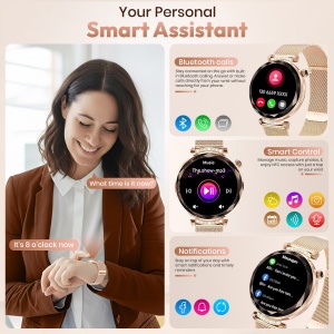 Ceas smartwatch dama Wingereich® premium, aliaj de lux, inteligent, Amoled, fitness, sport, functii smart, rezistent apa, ritm cardiac, numarat pasi, notificari, wireless, apelare Bluetooth, microfon HD, monitorizare somn, 2 bratari incluse, auriu - Img 3