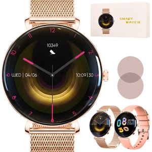 Ceas smartwatch dama Wingereich premium, aliaj de lux, inteligent, fitness, sport, functii smart, rezistent apa, ritm cardiac, numarat pasi, notificari, wireless, apelare Bluetooth, microfon HD, monitorizare somn, 2 bratari incluse, auriu