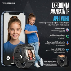 Ceas smartwatch copii GPS 4G camera dubla, Whatsapp, ChatGPT, Tiktok, Instagram, Facebook, Youtube, Google play, Wingereich™, telefon, apel video HD, AMOLED, WIFI, bluetooth, Android, IOS, SOS, monitorizare spion, ritm cardiac, walkie-talkie, negru - Img 4