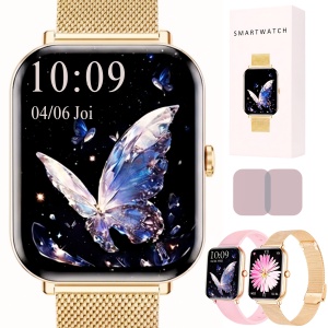 Ceas smartwatch dama Wingereich® premium, aliaj de lux, ecran HD de 1.75 de inci, sport, rezistent la apa, monitorizare ritm cardiac, tensiune arteriala, SpO2, pasi, notificari, apelare Bluetooth, monitorizare somn, 2 bratari incluse, auriu