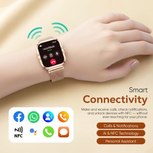 Ceas smartwatch dama Wingereich premium, aliaj de lux, inteligent, Amoled, fitness, sport, functii smart, rezistent apa, ritm cardiac, numarat pasi, notificari, wireless, apelare Bluetooth, microfon HD, monitorizare somn, auriu - Img 3