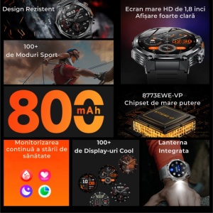 Ceas smartwatch barbati premium Wingereich, aliaj metalic, ecran 1.8 inci HD rezolutie 390x390, apeluri Bluetooth 5.2, baterie 800 mAh, monitorizare ritm cardiac si SpO2, peste 100 de moduri sport, lanterna, numarat pasi, monitorizare somn, negru - Img 3