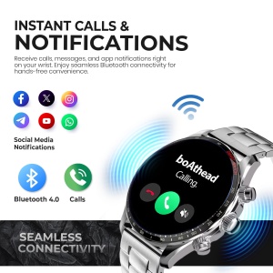 Ceas smartwatch barbati Wingereich premium, aliaj de lux, inteligent, fitness, sport, functii smart, rezistent apa, ritm cardiac, numarat pasi, notificari, wireless, apelare Bluetooth, microfon HD, monitorizare somn, 2 bratari incluse, argintiu - Img 3