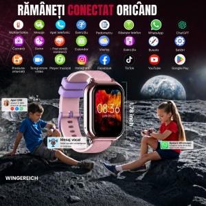 Ceas smartwatch copii GPS 4G AI Asistent, Whatsapp, ChatGPT, Tiktok, Instagram, Facebook, Google play, camera HD, Wingereich™, telefon, apel video HD, AMOLED, WIFI, bluetooth, Android, IOS, SOS, monitorizare spion, ritm cardiac, walkie-talkie, roz - Img 7