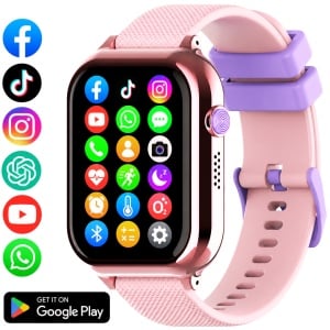 Ceas smartwatch copii GPS 4G AI Asistent, Whatsapp, ChatGPT, Tiktok, Instagram, Facebook, Google play, camera HD, Wingereich™, telefon, apel video HD, AMOLED, WIFI, bluetooth, Android, IOS, SOS, monitorizare spion, ritm cardiac, walkie-talkie, roz