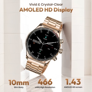 Ceas smartwatch barbati Wingereich premium, aliaj de lux, inteligent, fitness, sport, functii smart, rezistent apa, ritm cardiac, numarat pasi, notificari, wireless, apelare Bluetooth, microfon HD, monitorizare somn, 2 bratari incluse, auriu - Img 2