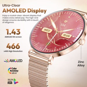 Ceas smartwatch dama Wingereich premium, aliaj de lux, inteligent, fitness, sport, functii smart, rezistent apa, ritm cardiac, numarat pasi, notificari, wireless, apelare Bluetooth, microfon HD, monitorizare somn, 2 bratari incluse, auriu - Img 2