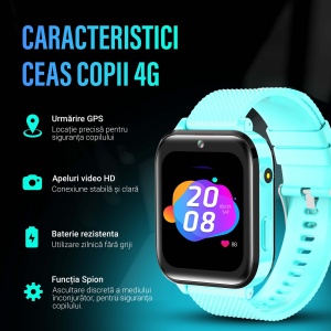 Ceas smartwatch copii GPS 4G, Whatsapp, Youtube, camera HD, Wingereich ™, localizare GPS, telefon, apel video HD, WIFI, bluetooth, apa IP67, Android, IOS, SOS, monitorizare spion, turcoaz - Img 7