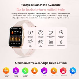 Ceas smartwatch dama Wingereich® premium, aliaj de lux, ecran HD de 1.75 de inci, sport, rezistent la apa, monitorizare ritm cardiac, tensiune arteriala, SpO2, pasi, notificari, apelare Bluetooth, monitorizare somn, 2 bratari incluse, auriu - Img 5