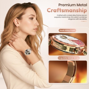 Ceas smartwatch dama Wingereich® premium, aliaj de lux, inteligent, Amoled, fitness, sport, functii smart, rezistent apa, ritm cardiac, numarat pasi, notificari, wireless, apelare Bluetooth, microfon HD, monitorizare somn, 2 bratari incluse, auriu - Img 7