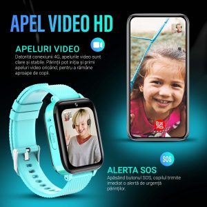 Ceas smartwatch copii GPS 4G, Whatsapp, Youtube, camera HD, Wingereich ™, localizare GPS, telefon, apel video HD, WIFI, bluetooth, apa IP67, Android, IOS, SOS, monitorizare spion, turcoaz - Img 4