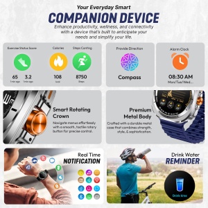 Ceas smartwatch barbati, Wingereich, aliaj, inteligent, Amoled, fitness, sport, functii smart, rezistent apa, ritm cardiac, numarat pasi, notificari, wireless, Bluetooth, microfon HD, monitorizare somn, 2 bratari incluse, albastru - Img 3