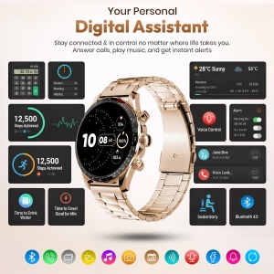 Ceas smartwatch barbati Wingereich premium, aliaj de lux, inteligent, fitness, sport, functii smart, rezistent apa, ritm cardiac, numarat pasi, notificari, wireless, apelare Bluetooth, microfon HD, monitorizare somn, 2 bratari incluse, auriu - Img 3