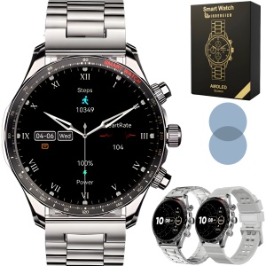 Ceas smartwatch barbati Wingereich premium, aliaj de lux, inteligent, fitness, sport, functii smart, rezistent apa, ritm cardiac, numarat pasi, notificari, wireless, apelare Bluetooth, microfon HD, monitorizare somn, 2 bratari incluse, argintiu