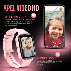 Ceas smartwatch copii GPS 4G, Whatsapp, Youtube, camera HD, Wingereich ™, localizare GPS, telefon, apel video HD, WIFI, bluetooth, apa IP67, Android, IOS, SOS, monitorizare spion, roz pudra - Img 2