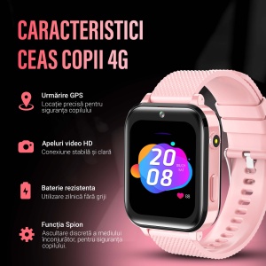 Ceas smartwatch copii GPS 4G, Whatsapp, Youtube, camera HD, Wingereich ™, localizare GPS, telefon, apel video HD, WIFI, bluetooth, apa IP67, Android, IOS, SOS, monitorizare spion, roz pudra - Img 5