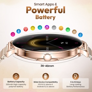 Ceas smartwatch dama Wingereich premium, aliaj de lux, inteligent, fitness, sport, functii smart, rezistent apa, ritm cardiac, numarat pasi, notificari, wireless, apelare Bluetooth, microfon HD, monitorizare somn, 2 bratari incluse, auriu - Img 5