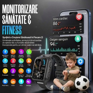 Ceas smartwatch copii GPS 4G camera dubla, Whatsapp, ChatGPT, Tiktok, Instagram, Facebook, Youtube, Google play, Wingereich™, telefon, apel video HD, AMOLED, WIFI, bluetooth, Android, IOS, SOS, monitorizare spion, ritm cardiac, walkie-talkie, negru - Img 6