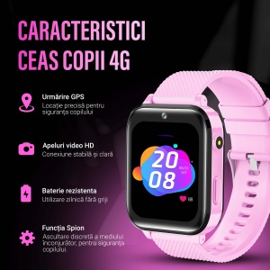 Ceas smartwatch copii GPS 4G, Whatsapp, Youtube, camera HD, Wingereich ™, localizare GPS, telefon, apel video HD, WIFI, bluetooth, apa IP67, Android, IOS, SOS, monitorizare spion, roz lila - Img 5