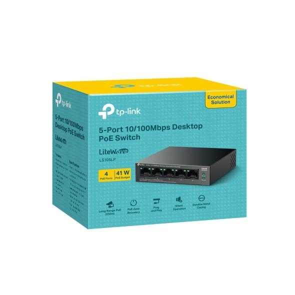 "5-Port 10/100 Mbps Desktop Switch with 4-Port PoE PORT: 4× 10/100 Mbps PoE Ports, 1× 10/100 Mbps Non-PoE Port SPEC: 802.3af, 41 W PoE Power, Desktop Steel Case FEATURE: Extend Mode for 250m PoE Transmitting, PoE Auto Recovery, Plug and Play" - Img 2