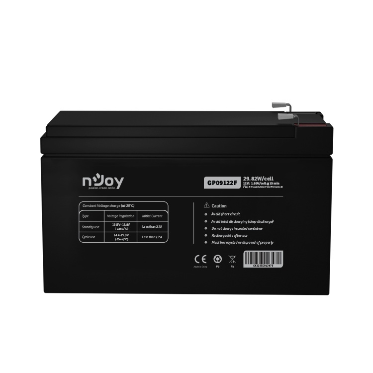 ACUMULATOR NJOY GP09122F 12V Tip VRLA AGM Terminale F2 Durata teoretica de viata in mod asteptare pana la 5 ani Cycle Use 14.4V-15.0V (-30mV/C), max. Current: 2.7A Float Use 13.5-13.8V (-20 mV/C) https://www.njoy.global/product/gp09122f?el=resources - Img 2
