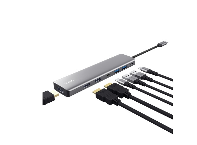 Adaptor Trust Dalyx 7-in-1, 2 porturi interfata USB-A 3.2 gen 1, 1 port USB-C, 2 porturi HDMI, 1 display port, 1 charging port USB-C 100W, led indicator oprit/pornit, lungime cablu 16cm, gri - Img 3