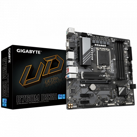 B760M DS3H DDR5 (rev. 1.0) LGA1700 4 x DDR5 DIMM sockets supporting up to 128 GB (32 GB single DIMM capacity) of system memory 1 x D-Sub port, supporting a maximum resolution of 1920x1200@60 Hz 1 x HDMI port, supporting a maximum resolution of
