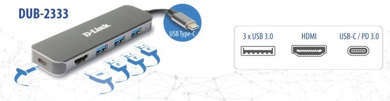 D-Link DUB-2333 5-in-1 USB-C Hub with HDMI and power delivery, 1* USB-C connector, 1* HDMI Port, 3* USB Type- APort (USB 3.0), 1* USB-C powerdelivery. - Img 4