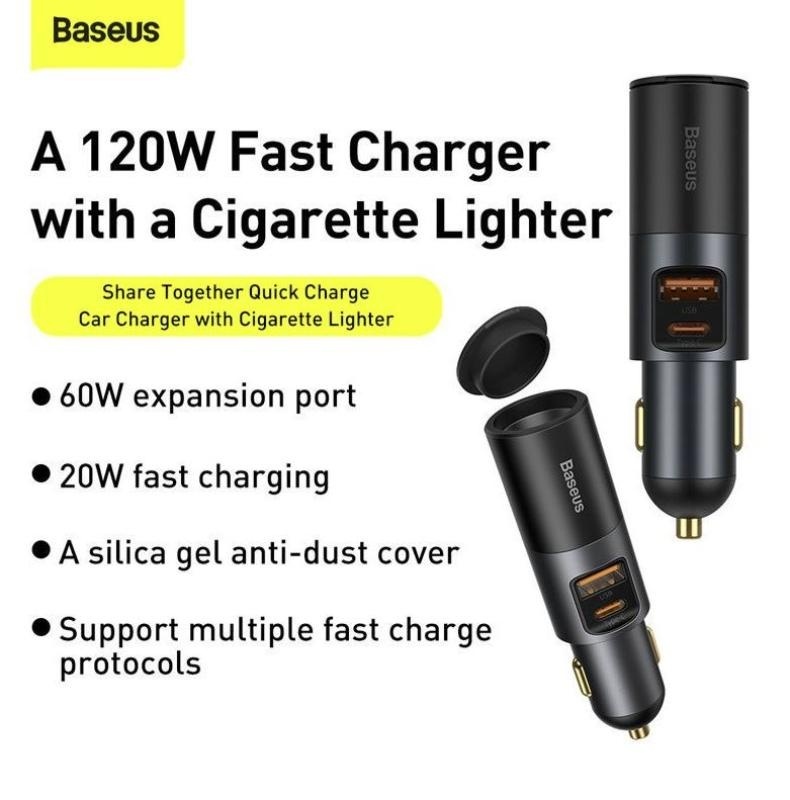 Incarcator auto Baseus Share Together, 1 x USB Output 5V/3A, 1 x USB Type-C max 5V/3A si 1 x bricheta auto 60W, total output 120W, pt. bricheta auto, gri - Img 11