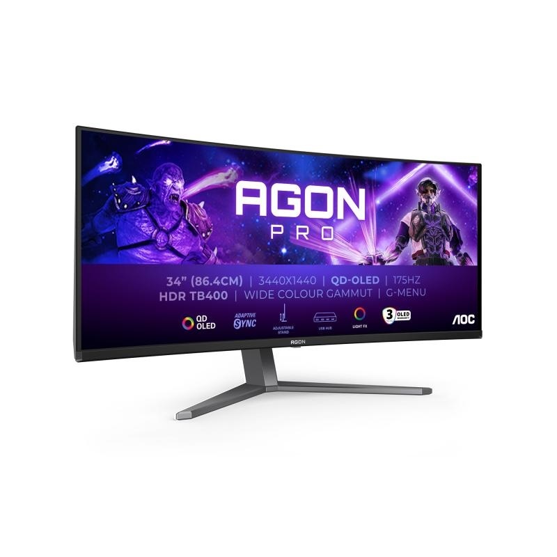 Monitor Aoc 34" AG346UCD, Curvature: 1800R, Diagonal (inch): 34, Diagonal (cm): 86, Aspect ratio: 21:9, Panel: QD-OLED, Resolution: 3440x1440, Refresh Rate: 175Hz, Response time GtG: 0.03ms, Brightness (max): 1000 cd/m², Contrast (static) : 1.5M:1, - Img 2