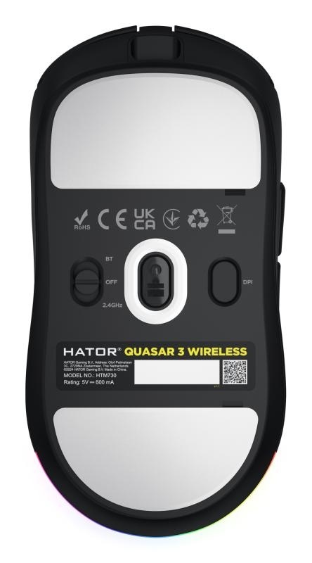 Mouse wireless Hator Quasar 3, conectivitate 2.4GHz, bluetooth si USB, polling rate pana la 1000Hz, rezolutie maxima 12000 DPI, capacitate baterie 600 mAh, durata de viata baterie in modul wireless pana la 100 ore, timp incarcare 2 ore, switch HATOR® - Img 3