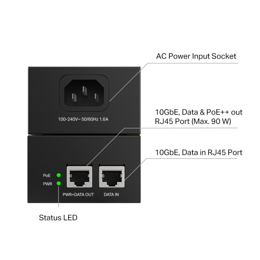 "Omada 10G PoE++ Injector Adapter PORT: 1× 10Gbps PoE Port, 1× 10Gbps Non-PoE Port SPEC: 802.3bt/at/af Compliant, 90 W PoE Power, Data and Power Carried over the same cable, Steel Case" - Img 3