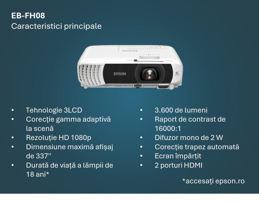 PROJECTOR EPSON EB-FH08, Tehnologie 3LCD, Luminozitate; 3600 Lumeni, Rezolutie: FullHD 1080p, Aspect 16:9, Sursa lumina: Lampa, Durata de viata lampa: 6.000h, 12.000h eco mode, Contrast: 16.000:1, Refresh rate: 192 Hz - 240 Hz, Interfata; USB 2.0 Type B - Img 5