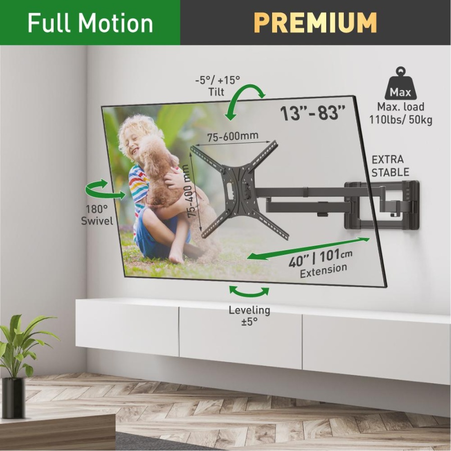 Suport TV plat/curbat de perete cu 2 brate Barkan BM464XL, 13"- 83", Max 50kg, VESA 600x400, negru - Img 8