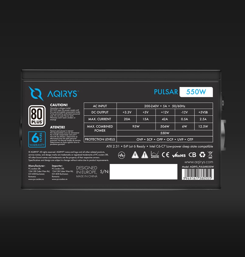 Sursa Aqirys Pulsar 550W 80+ White certified, culoare neagra - Img 4