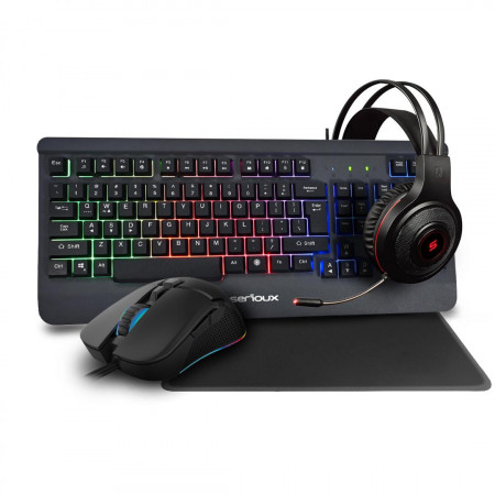 Kit Gaming Serioux Kayel 4 in 1, Tastatura de gaming, 104 taste, 19 taste Anti-ghosting , design slim, iluminare rainbow, structura metalica gri, taste negre + design cu palm rest, cablu USB 1.5M PVC, plug and play; Mouse gaming, senzor Sunplus 199,