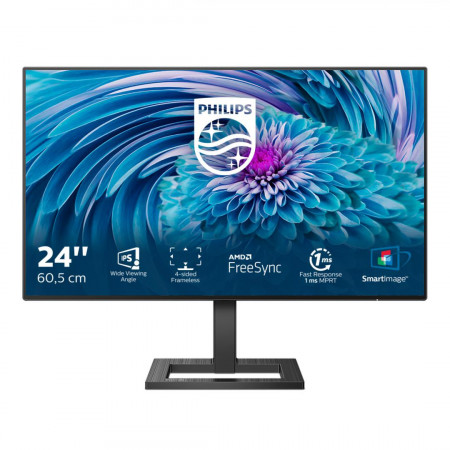 Monitor 23.8" PHILIPS 242E2FA, IPS, WLED, Anti-Glare, 3H, Haze 25%,16:9, FHD 1920*1080, 75 Hz, 4 ms, 300 cd/mp, 1000:1, 178/178, Flicker-free, LowBlue Mode, AMD FreeSync technology, EasyRead, VGA, DP, HDMI,Headphone out, boxe 2*3W, Kensington lock, VESA