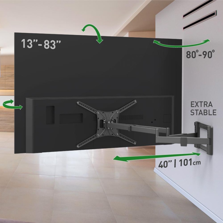 Suport TV plat/curbat de perete cu 2 brate Barkan BM464XL, 13"- 83", Max 50kg, VESA 600x400, negru - Img 5