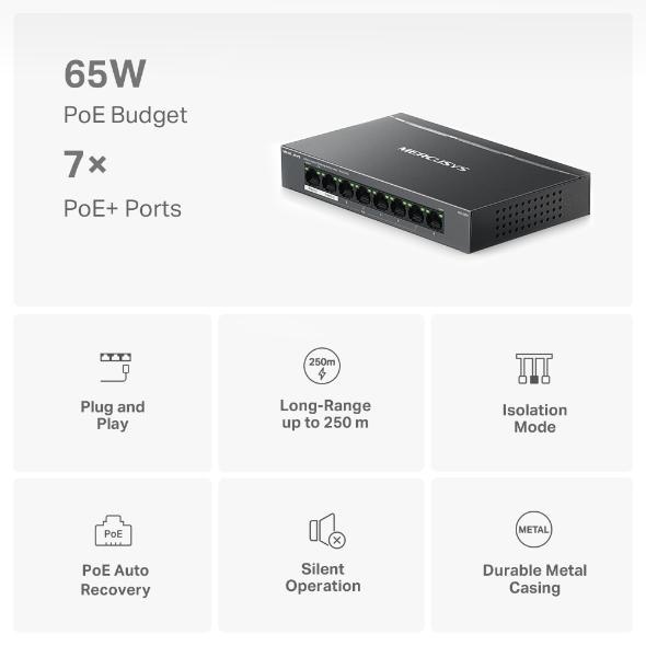Switch Mercusys Desktop 8 porturi Gigabit, MS108GP, 7 porturi POE (1-7) , buget POE: 65 W, Standarde si protocoale: IEEE 802.3x Flow Control, Dimensiuni: 171*98*27 mm. - Img 2