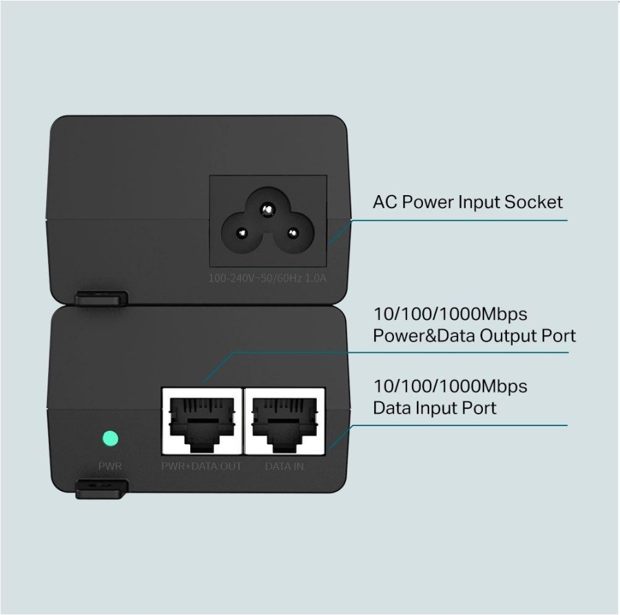 TP-Link, PoE+ Injector, TL-POE160S, Standarde si protocoale: IEEE802.3i, IEEE802.3u, IEEE802.3ab, IEEE802.3af, IEEE802.3at, interfata: 1 10/100/1000Mbps RJ45 data-in port, 1 10/100/1000Mbps RJ45 power+data-out port, Dimensiuni: 125 × 59.4 × 36.8 mm. - Img 2